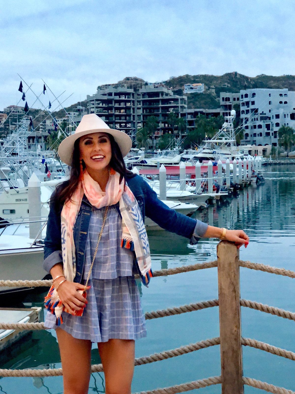 Blue Plaid Romper with Denim Jacket for Casual Resort Blue Plaid Romper with Denim Jacket for Casual Resort — Cabo Outfits