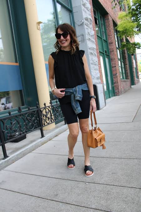 Denim Jacket Tied at Waist With Biker Shorts — Biker Shorts Outfits