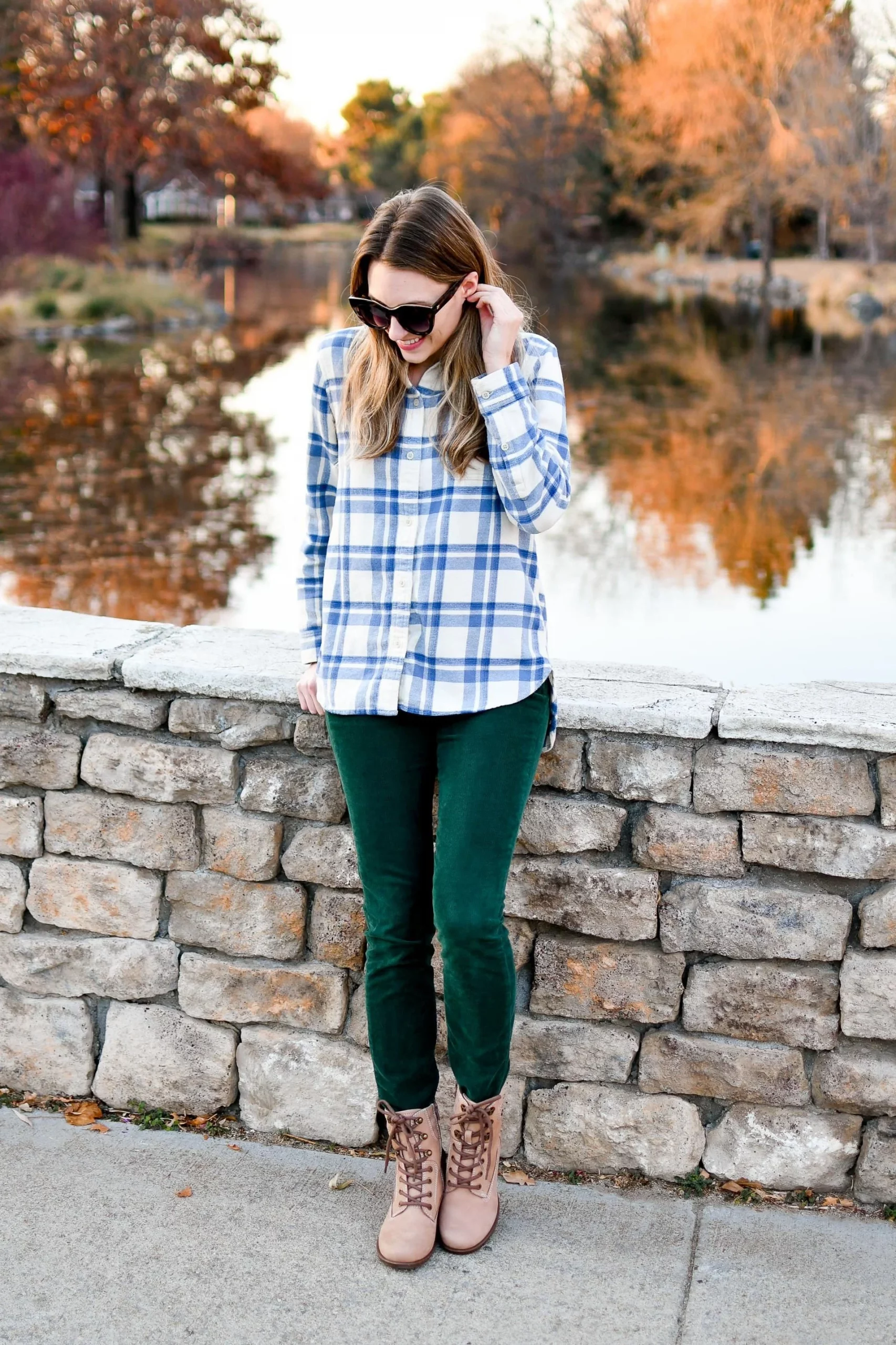 Blue Plaid Flannel Paired with Fitted Green Corduroy Pants — Flannel Outfits