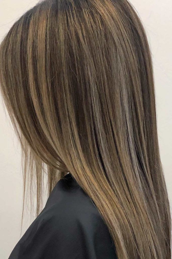 Mid Back Brunette Balayage With Blonde Highlights — Balayage Straight Hair