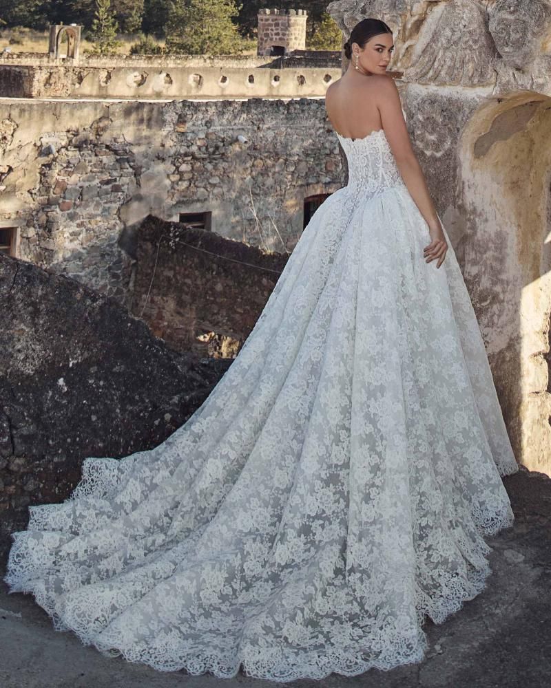 Elegant White Lace Ball Gown with Elaborate Train Elegant White Lace Ball Gown with Elaborate Train — Ball Gowns