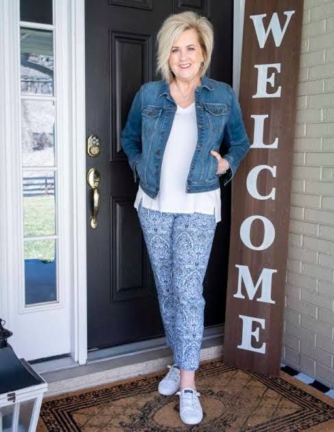 Denim Jacket Layered Over T-Shirt with Patterned Trousers — Outfits for Short Torso