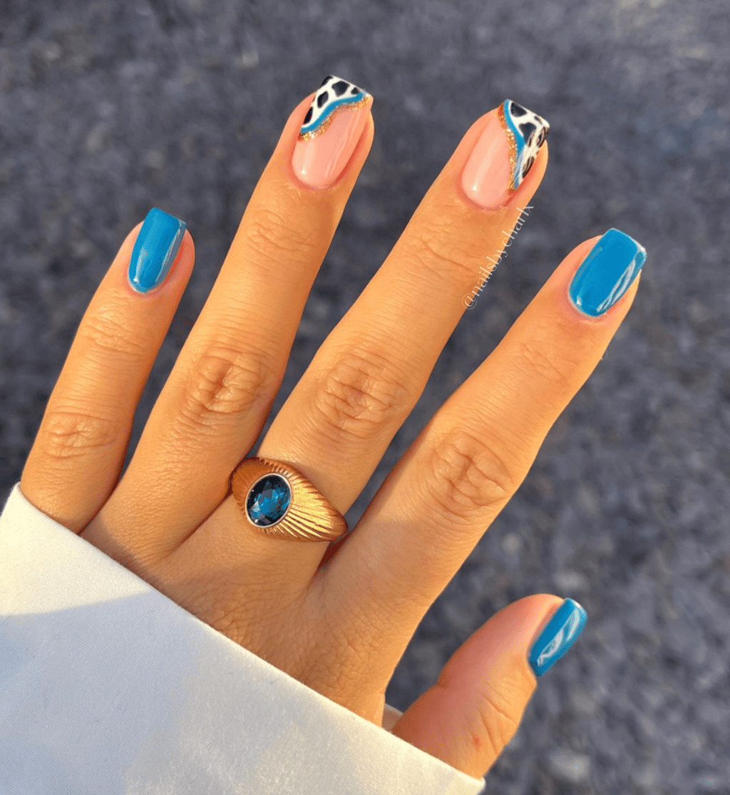 Cow Print and Pink with Glitter Tips — Country Concert Nails