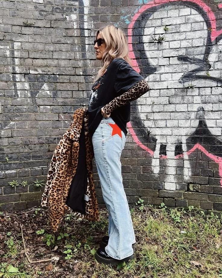 Flared Jeans with Star Detail and Leopard Print Layers — Indie Sleaze Outfits