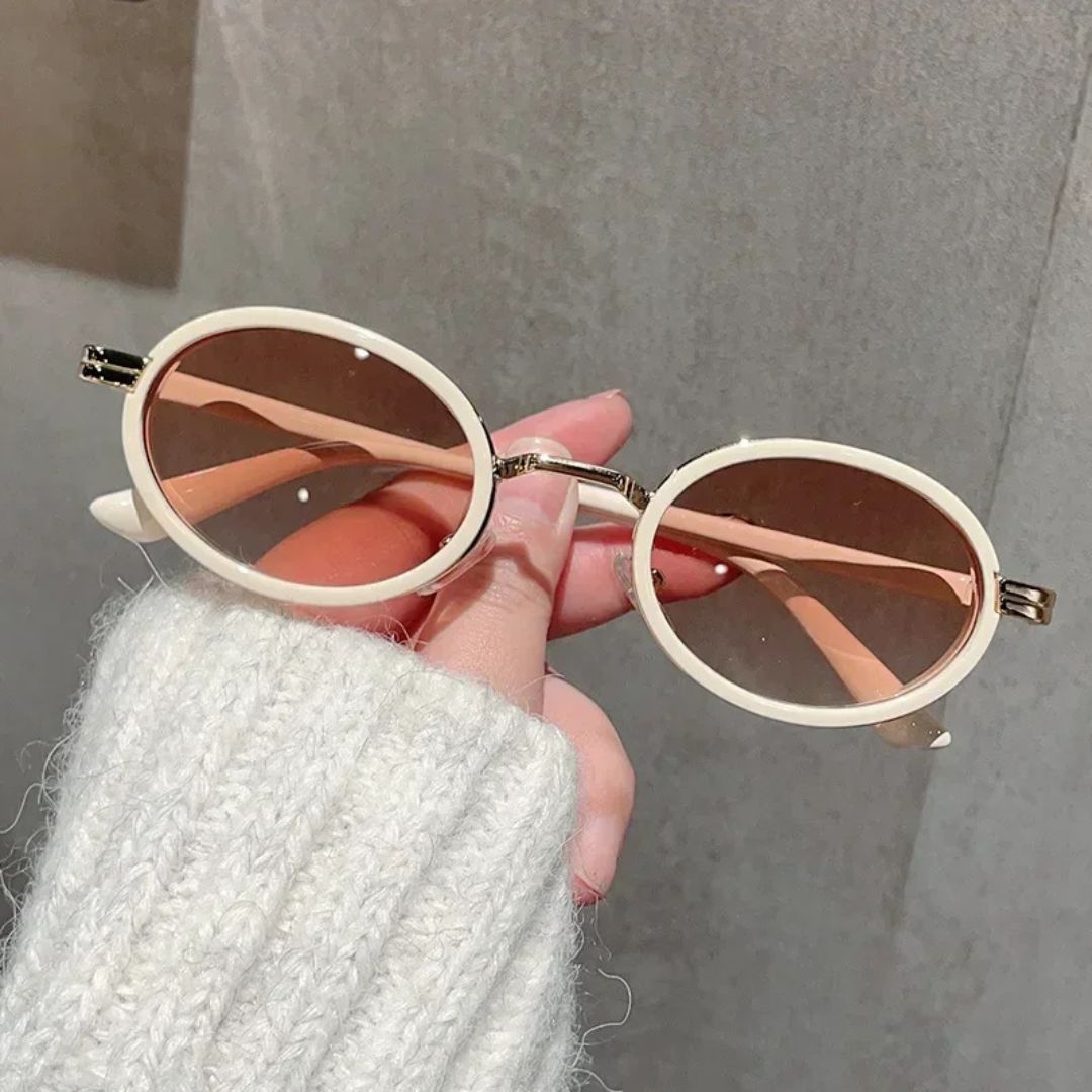 Cream Knit Sweater with Peach-Lens Oval Sunglasses — Oval Sunglasses Outfits