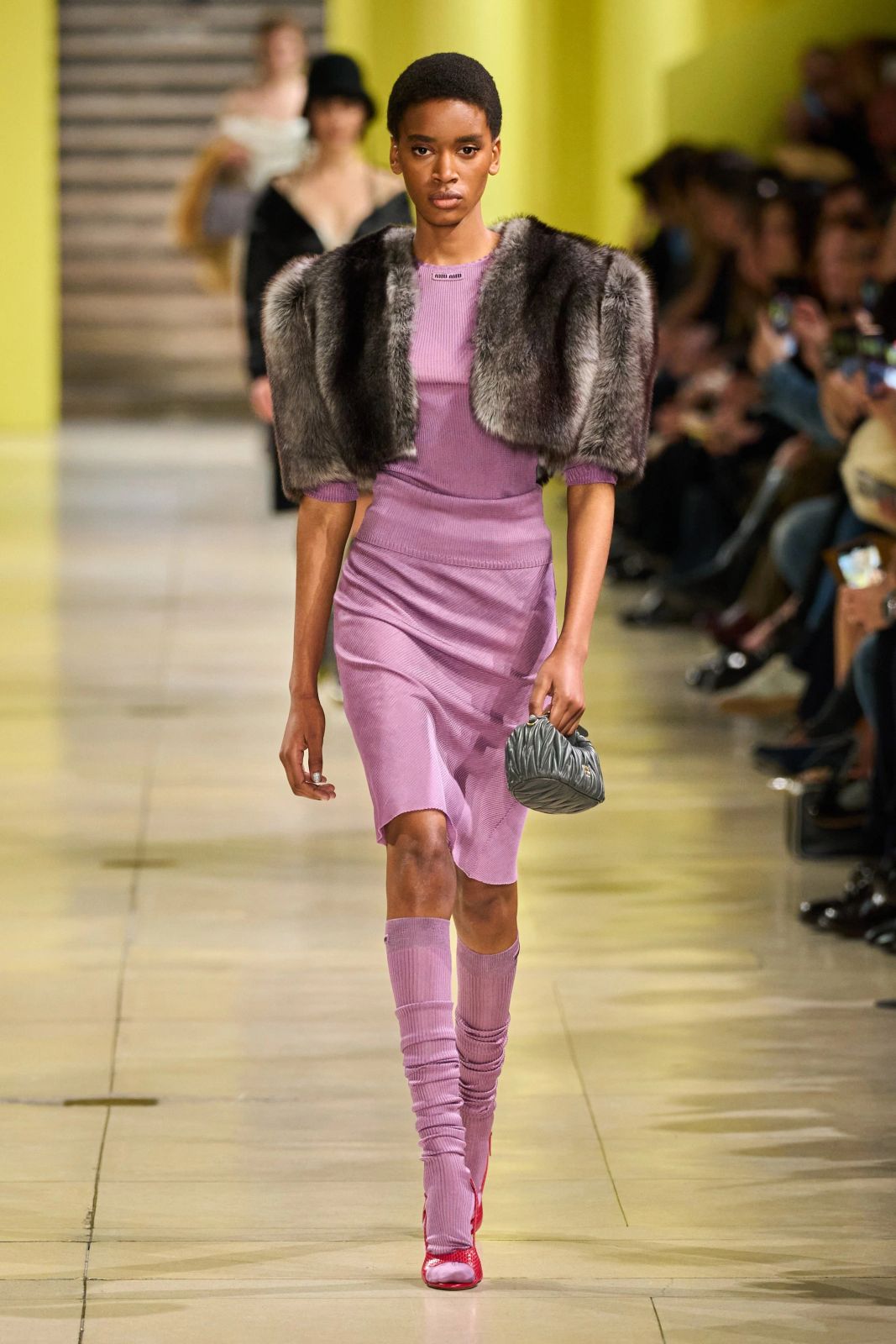 Miu Miu FW25 Lilac Knit Dress with Faux Fur Shrug — Miu Miu Outfits
