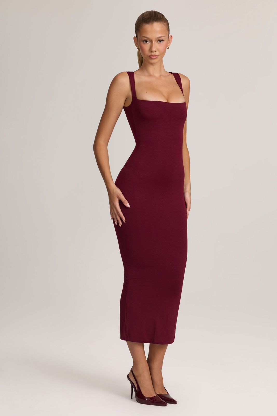 Fuchsia Pink Wrap Midi Dress with Clear Block Heels — Midi Dress Outfits
