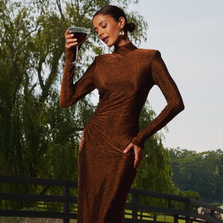 Bronze Metallic Knit Dress with Ruched Detailing — Rehearsal Dinner Dresses