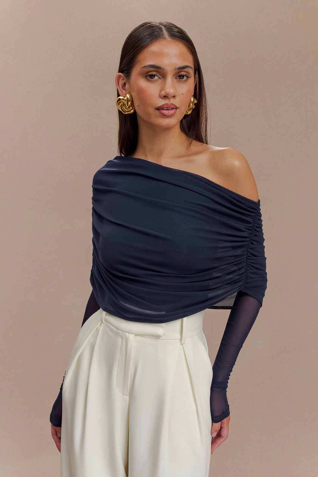 Navy Sheer Mesh Off-the-Shoulder Top with Wide-Leg Trousers — Off the Shoulder Tops