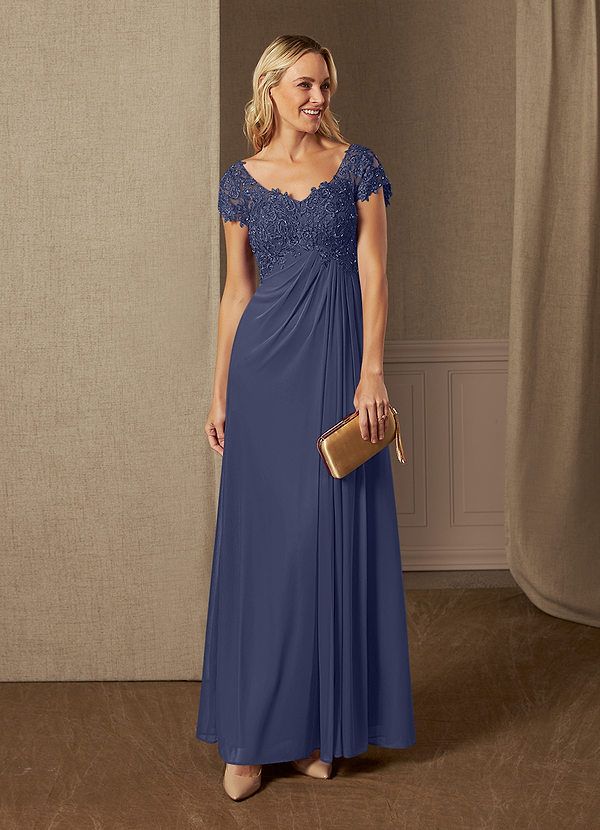 Navy Blue Chiffon Gown with Lace Bodice — Grandmother of the Bride Outfits