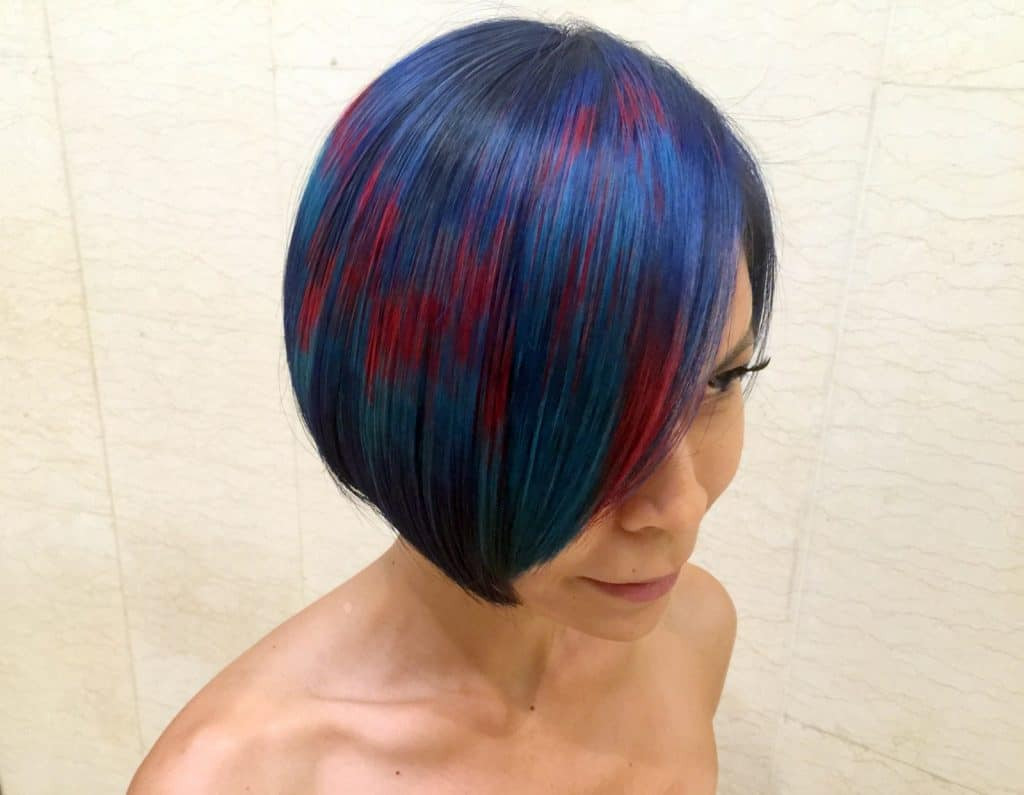 Chin Bob Dark Blue Red Teal Streaks Chin Bob Dark Blue Red Teal Streaks — Peacock Hair