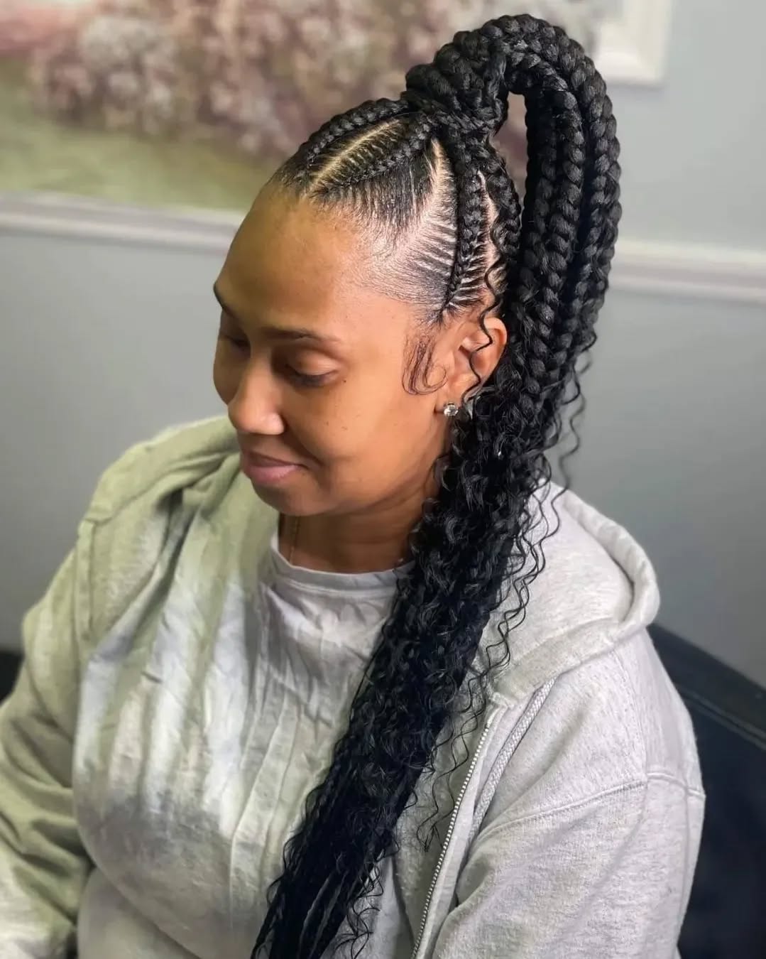 Sleek Black Cornrows With Curly Ends — Braided Ponytail