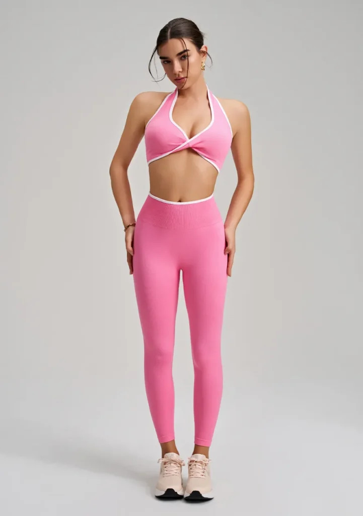 Bright Pink Halter Neck Set with White Trim and Pink Sneakers — Gymshark Outfits