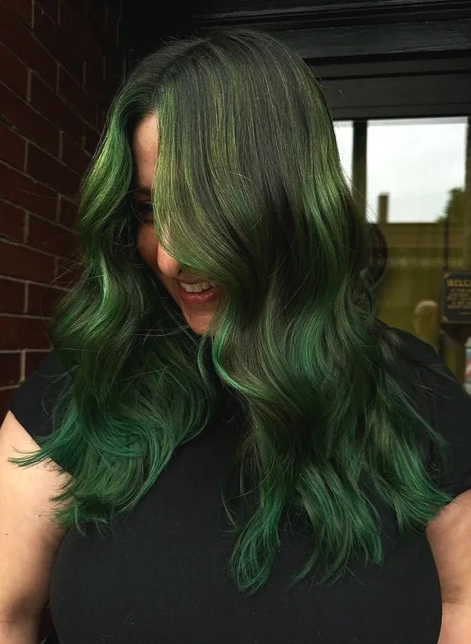 Shoulder-Length Forest Green With Lighter Highlights — Forest Green Hair