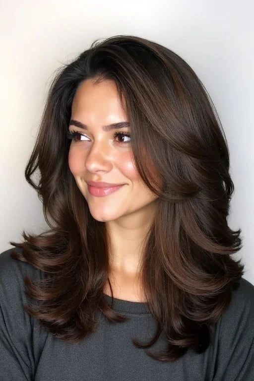 Long Layers With Voluminous Blowout — Haircuts for Round Faces