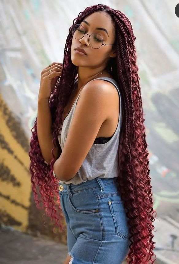 Burgundy Goddess Braids with Defined Curls