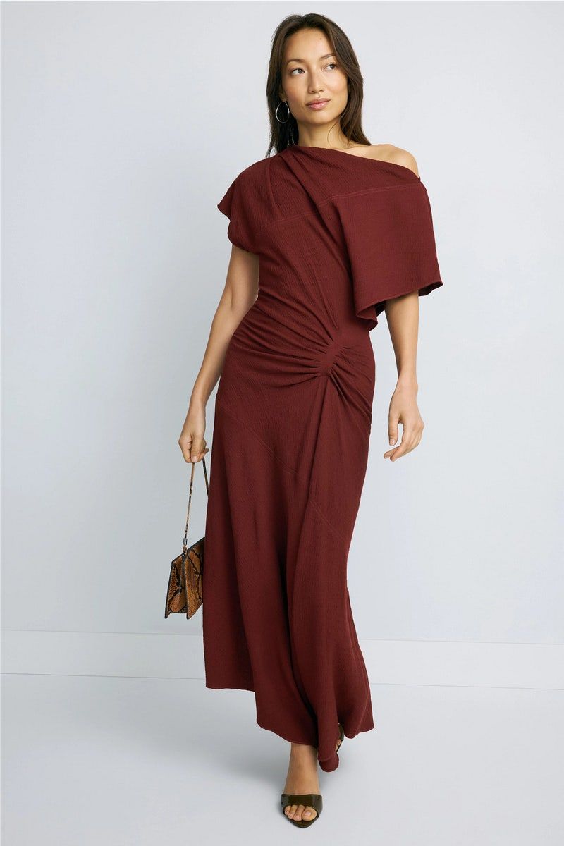 Maroon Textured Knit One-Shoulder Midi Dress with Draped Bodice — Semi Formal Dresses