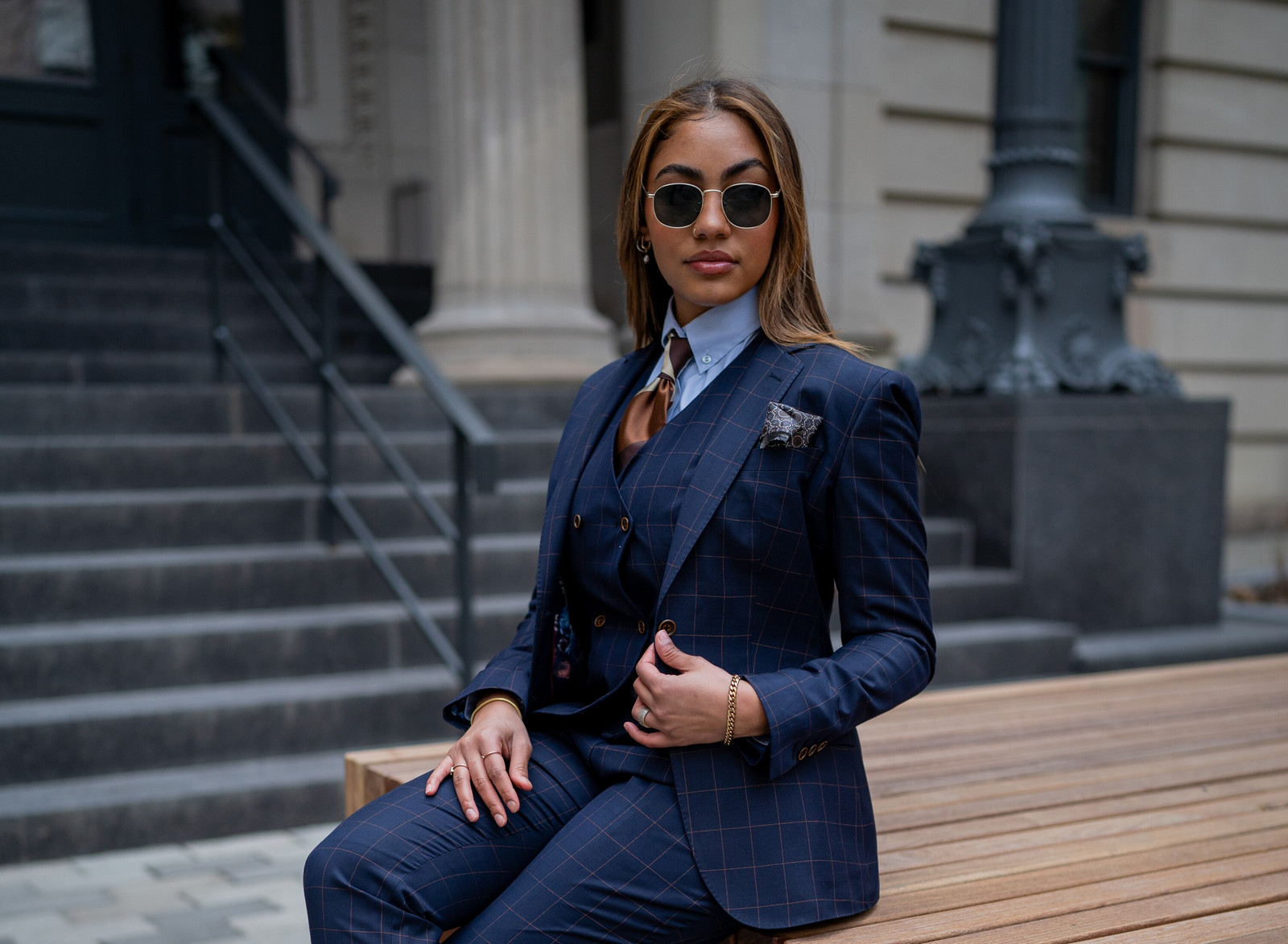 Navy Plaid Wool Suit with Double-Breasted Vest — Business Formal Outfits