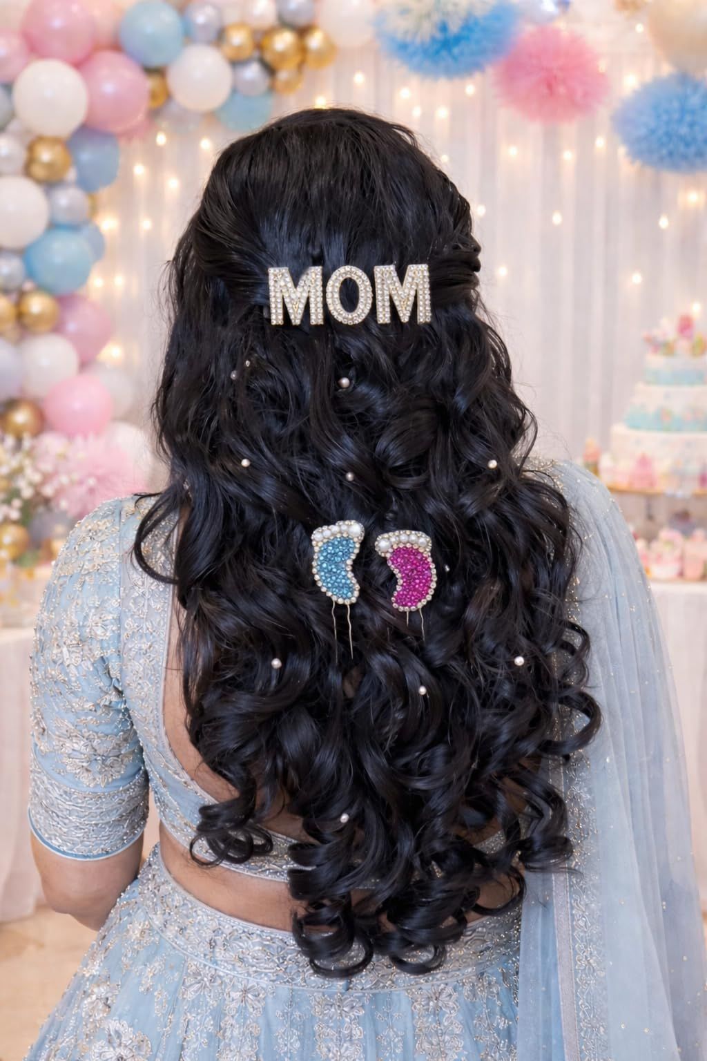 Half Up Half Down with "MOM" Pins — Baby Shower Hairstyles