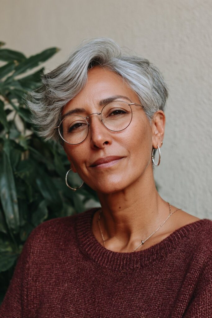 Voluminous Grey Pixie With Side Swept Style Voluminous Grey Pixie With Side Swept Style — Pixie with Glasses
