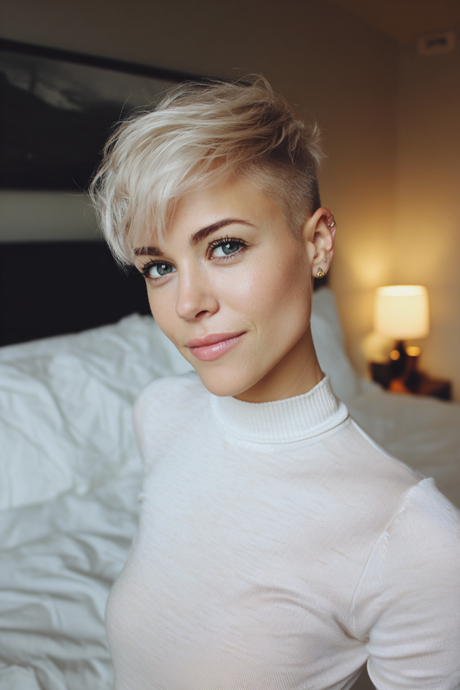 Ash Blonde Undercut Pixie With Textured Fringe Ash Blonde Undercut Pixie With Textured Fringe — White Hair