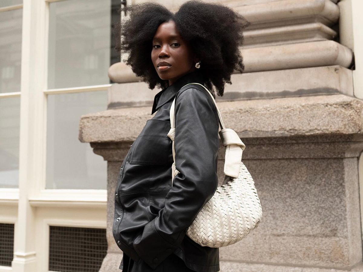 Woven White Handbag with Leather Jacket Contrast — Designer Bags
