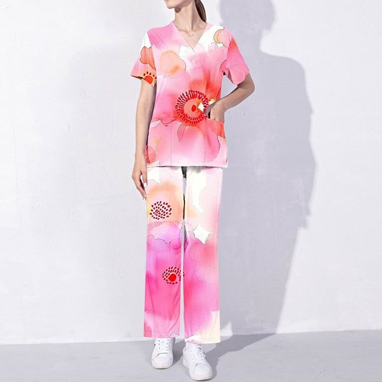 Floral Print Scrub Set with Wide-Leg Pants Floral Print Scrub Set with Wide-Leg Pants — Scrubs Outfits