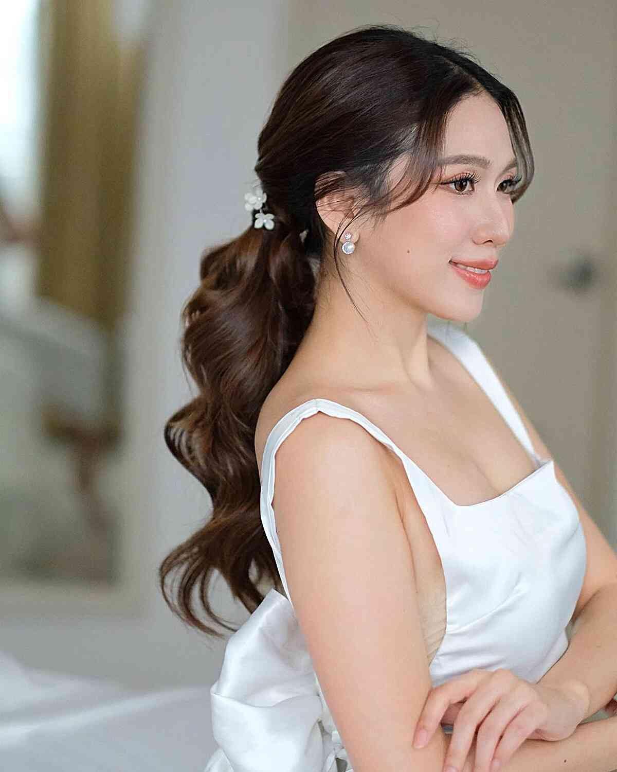 No Bangs Visual Idea — Low Ponytail with Bow