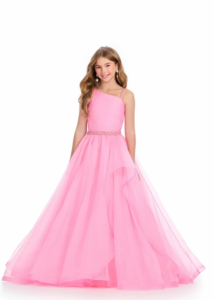 Pale Pink Tulle Gown with Asymmetrical Neckline and Beaded Belt Pale Pink Tulle Gown with Asymmetrical Neckline and Beaded Belt — Pageant Dresses