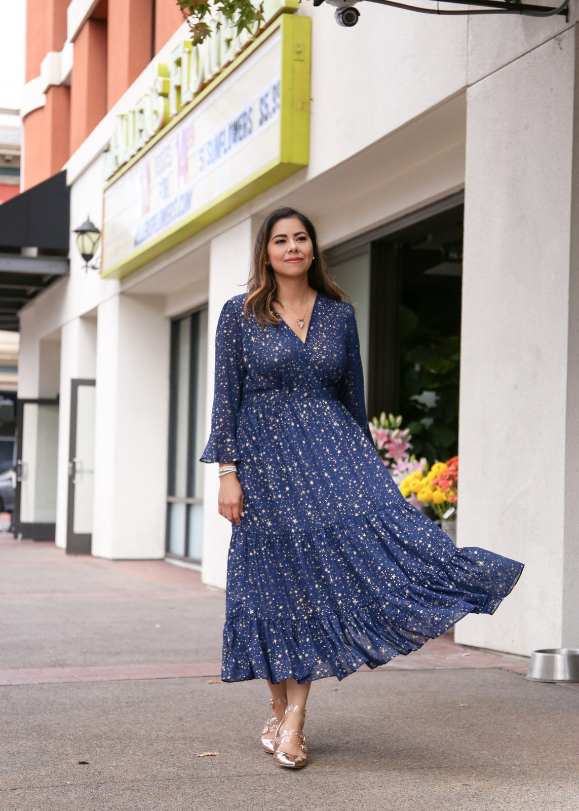Navy Star Print Midi Dress with Rose Gold Heels — San Diego Outfits