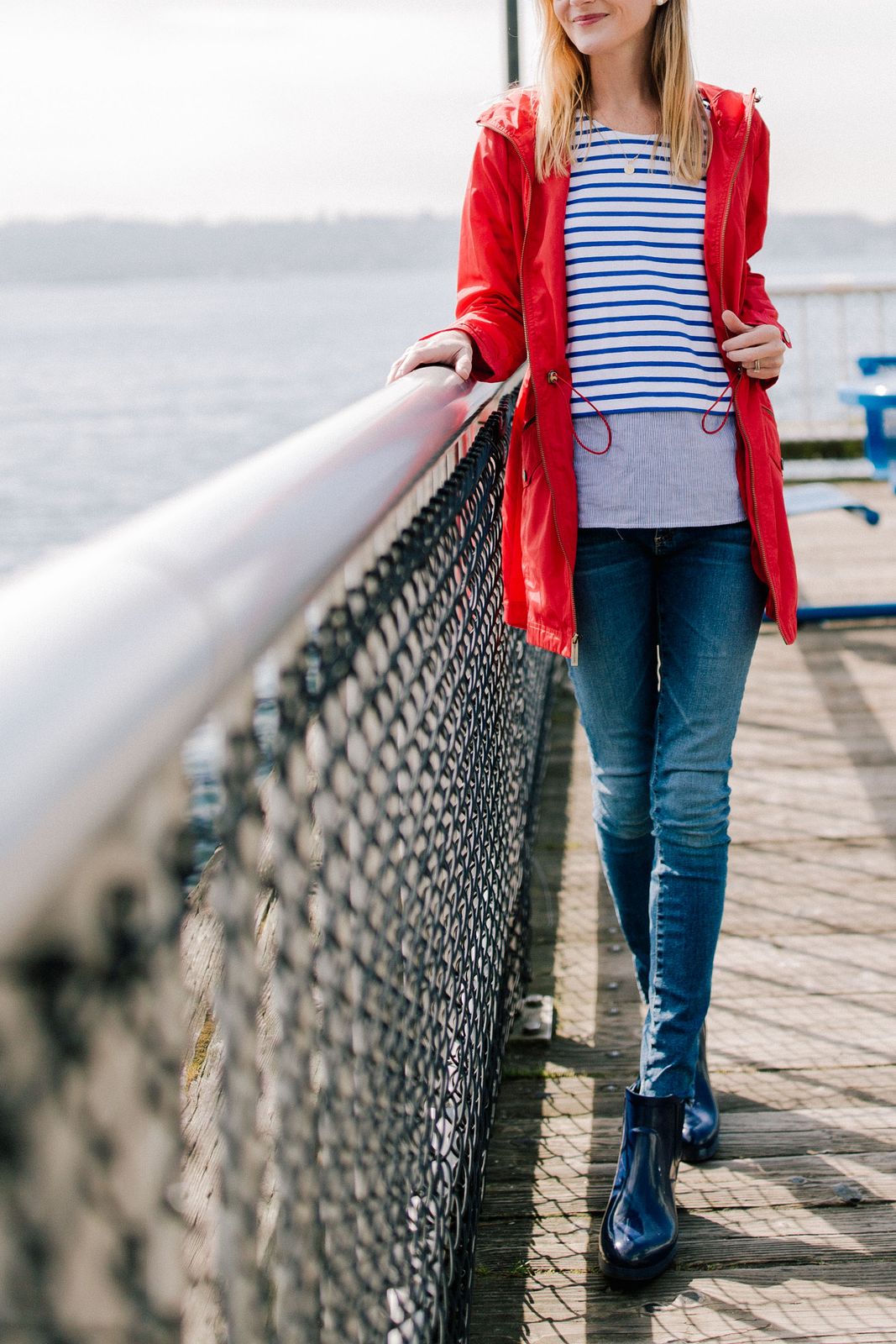 Red Hooded Jacket Over Stripes for Rainy Spring Days Red Hooded Jacket Over Stripes for Rainy Spring Days — Seattle Outfits