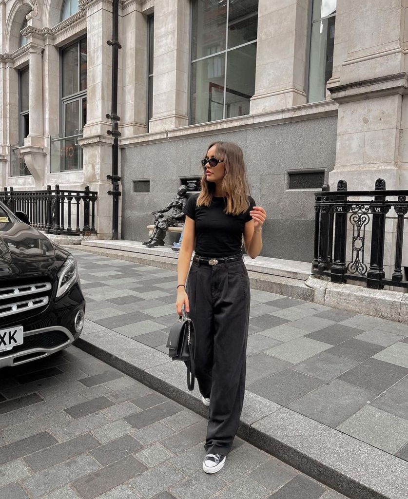 Casual Black T-Shirt and Wide-Leg Trousers Combination — Black Outfits