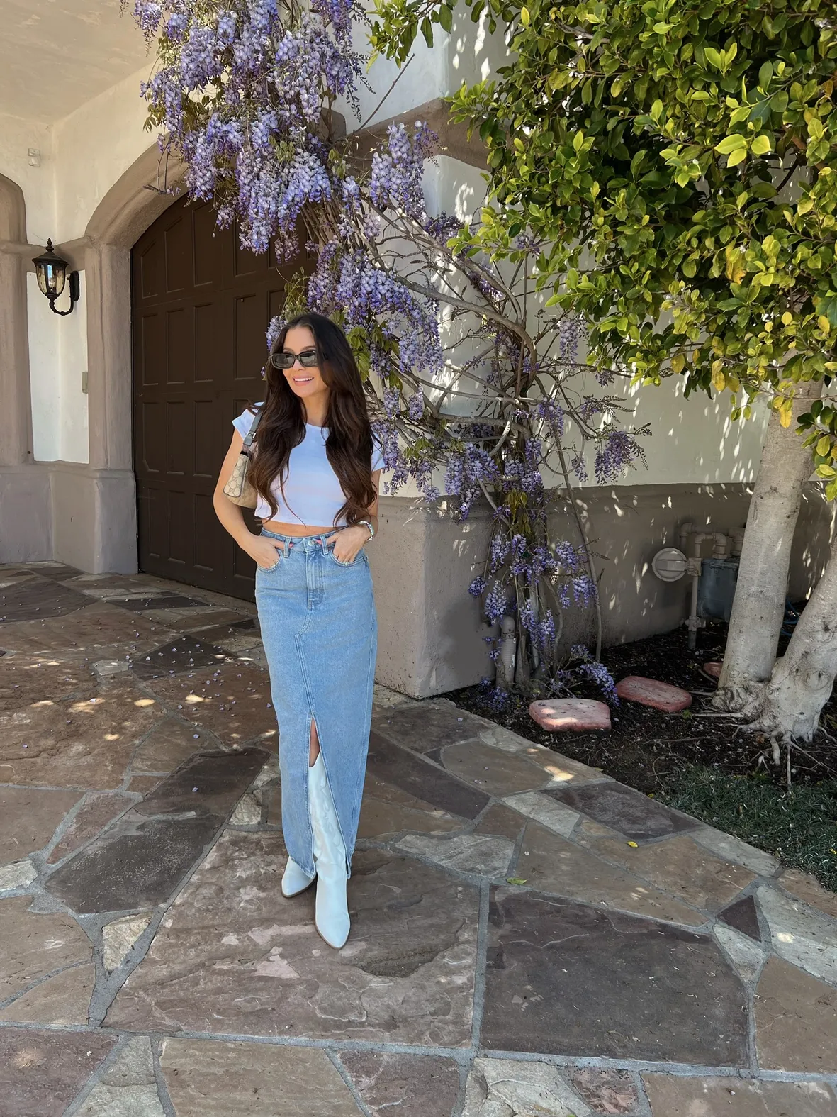 Casual Denim Maxi Skirt with High Slit and Cowboy Boots — Jean Skirt Outfits