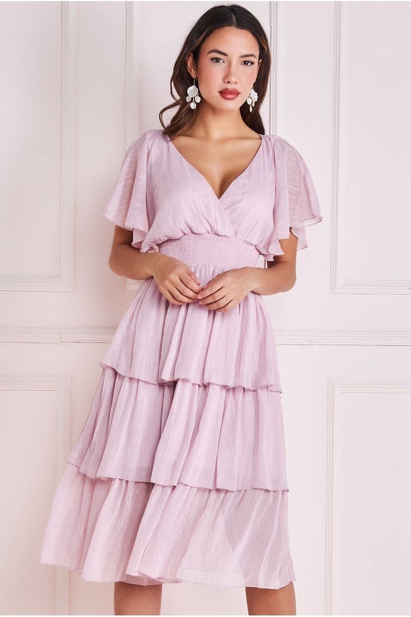 Shimmering Pink Lurex Tiered Midi Dress for Evening — Tiered Dresses