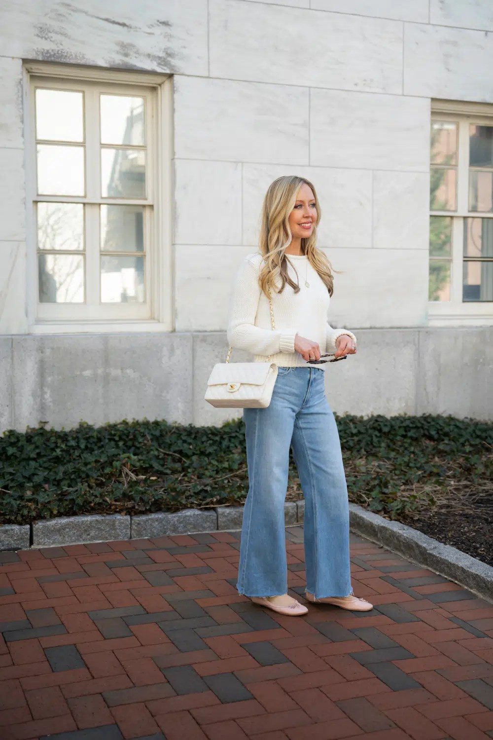 White Knit Sweater and Pink Ballet Flats with Wide-Leg Jeans — Ballet Flats with Jeans Outfits