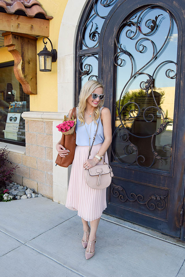 Pink Pumps with Ankle Straps, a Pleated Midi Skirt and Camisole — Pumps Outfits