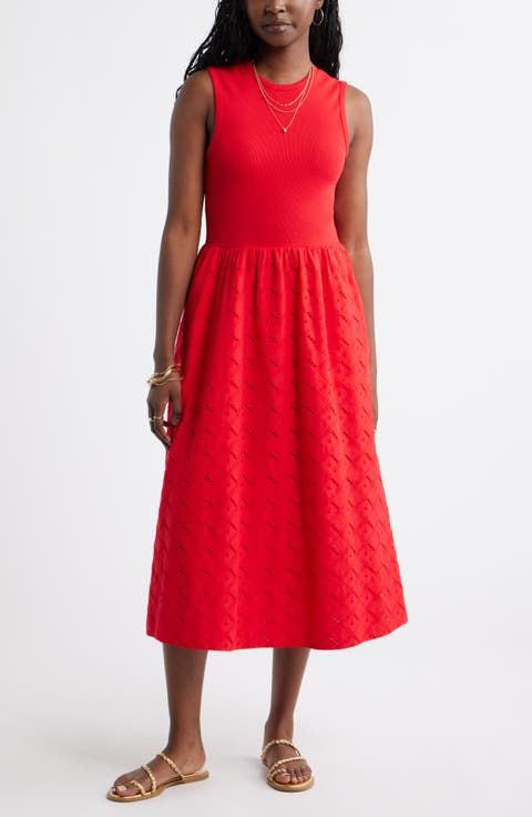 Red Sleeveless Midi Dress with Eyelet Skirt Red Sleeveless Midi Dress with Eyelet Skirt — Casual Dresses