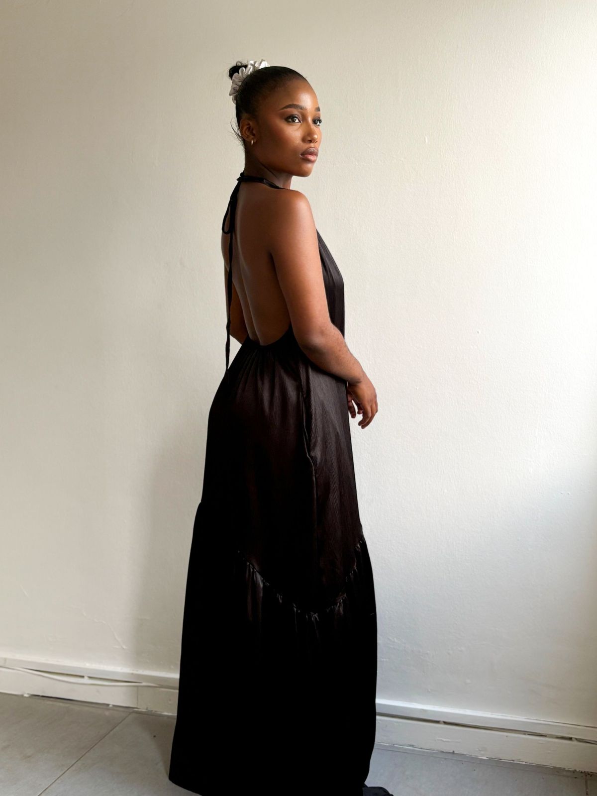 Black Satin Halter with Tie-Detail Open Back Black Satin Halter with Tie-Detail Open Back — Backless Dresses