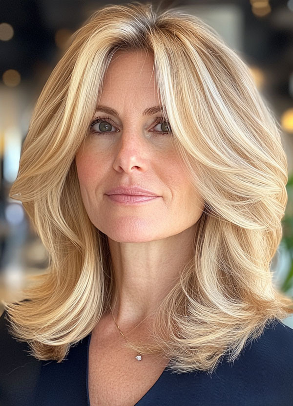Warm Honey Blonde Lob With Curtain Bangs Warm Honey Blonde Lob With Curtain Bangs — Blonde Hair Over 40