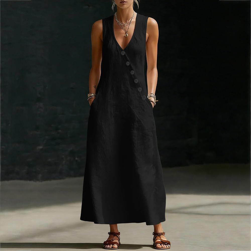 Black Linen Maxi Dress with Button-Down Front — Cruise Dresses