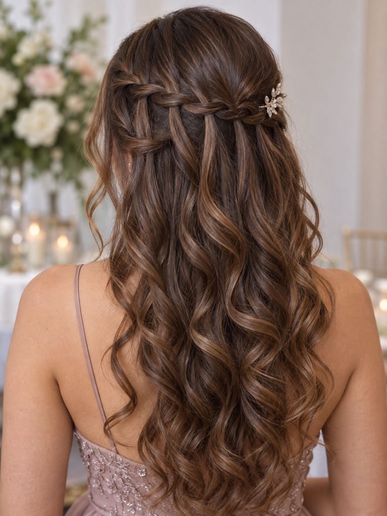 Mid-Back Dark Brown Half-Up Waterfall Braid With Clip
