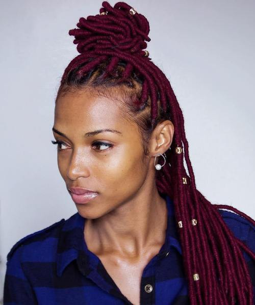 Deep Burgundy Faux Loc High Bun — Loc Colors