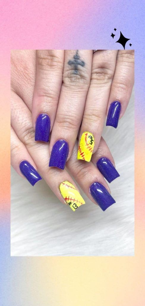 Glitter Purple Yellow Softball Nails