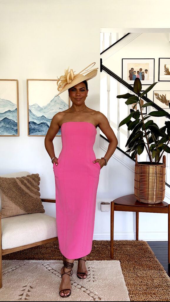 Hot Pink Strapless Maxi Dress with Wide-Brimmed Straw Hat — Kentucky Derby Outfits
