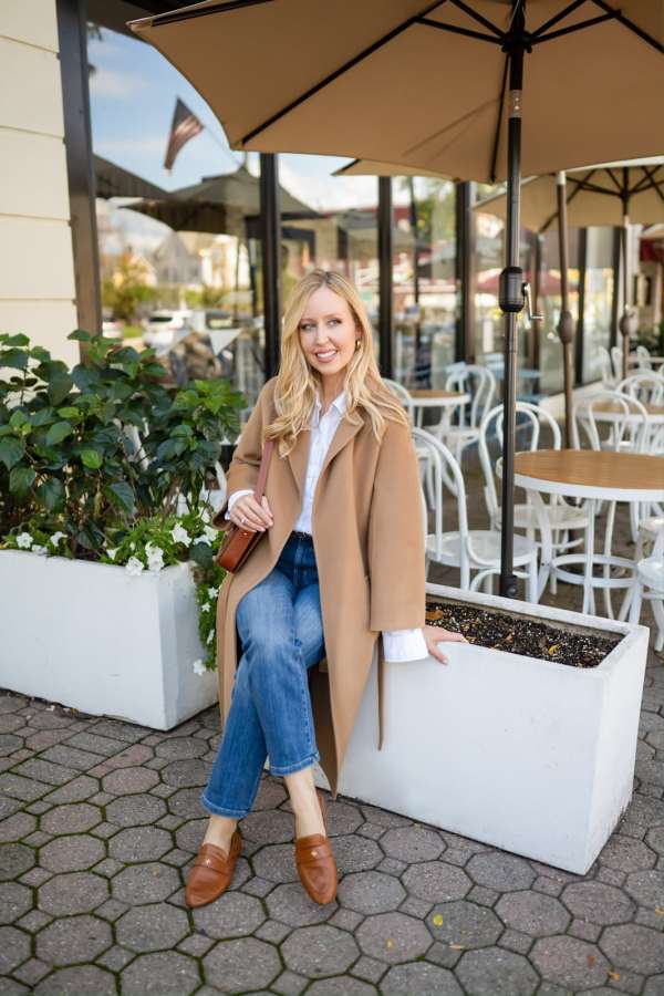 Brown Leather Loafers with a Camel Coat and White Shirt — Loafer Outfits