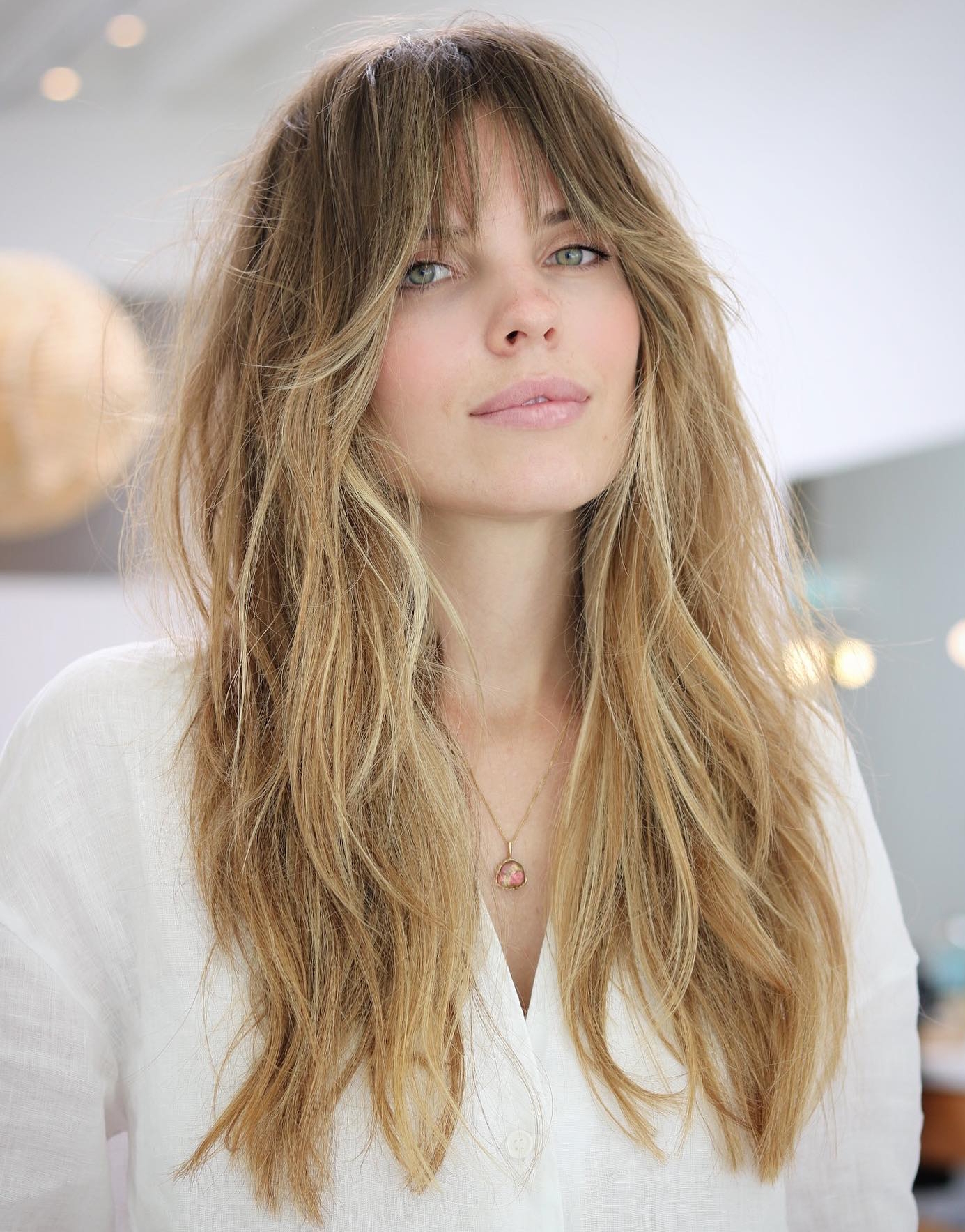 White Linen Shirt and Blonde Wispy Bangs