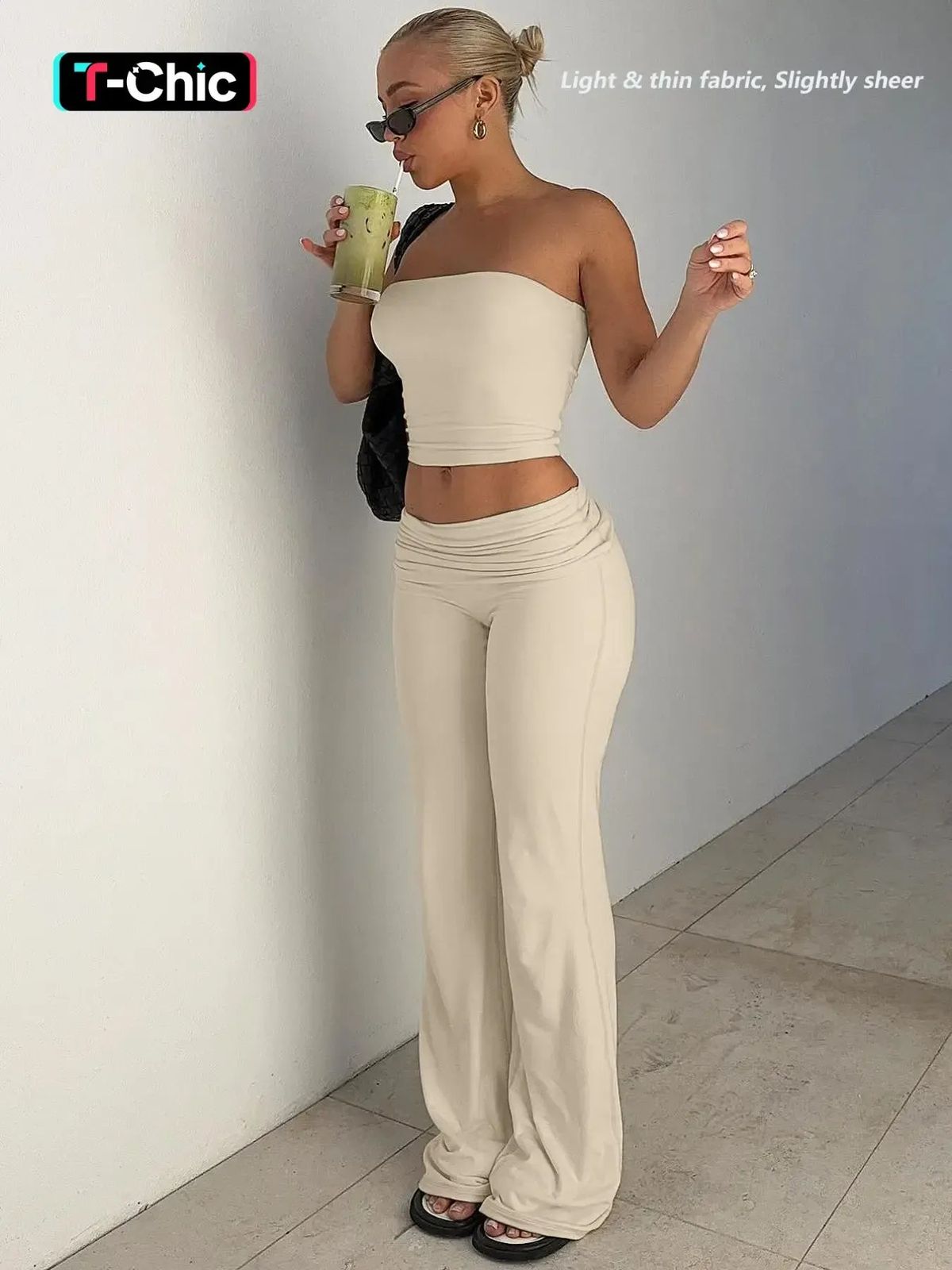 Beige Tube Top Lounge Set with Flare Pants Beige Tube Top Lounge Set with Flare Pants — Tube Top Outfits