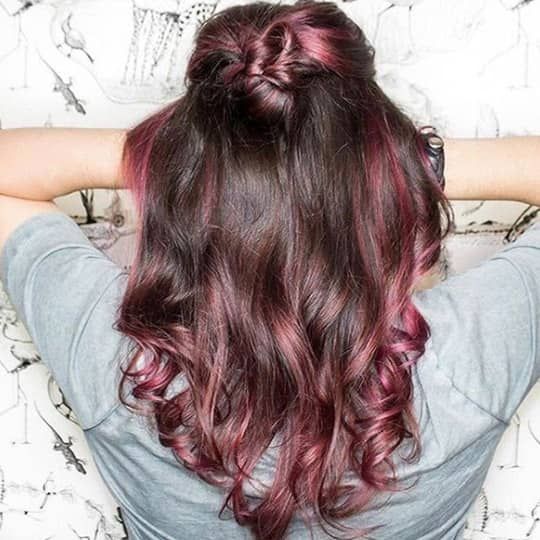 Dark Brown With Pinkish-Red Streaks Dark Brown With Pinkish-Red Streaks — Hair Color Ideas for Dark Hair