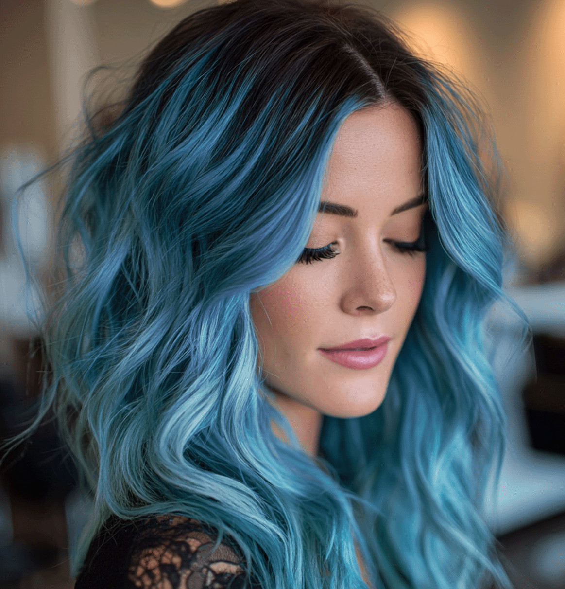 Collarbone Wavy Lob with Blue Highlights — Pastel Blue Hair
