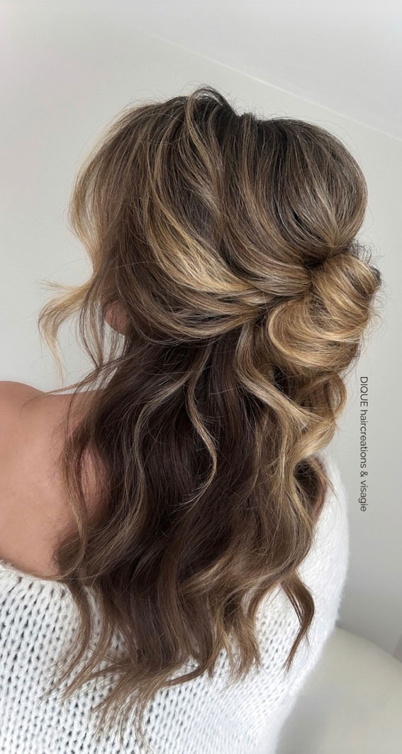 Ash Blonde Mid-Back Waves With Textured Bun Ash Blonde Mid-Back Waves With Textured Bun — Half Up Bun